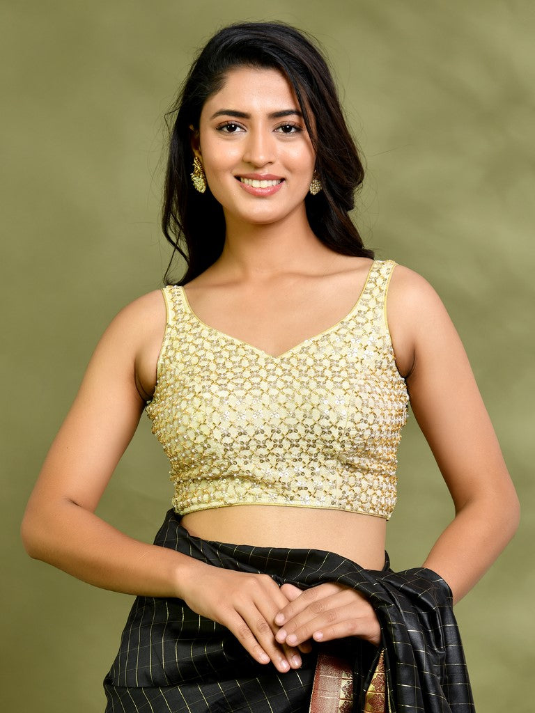 Amodini Designer Studio Golden Pearl Cutdana Sleeveless Padded Blouse | Grocsy