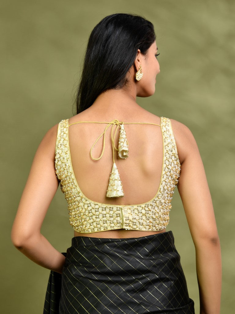 Amodini Designer Studio Golden Pearl Cutdana Sleeveless Padded Blouse | Grocsy