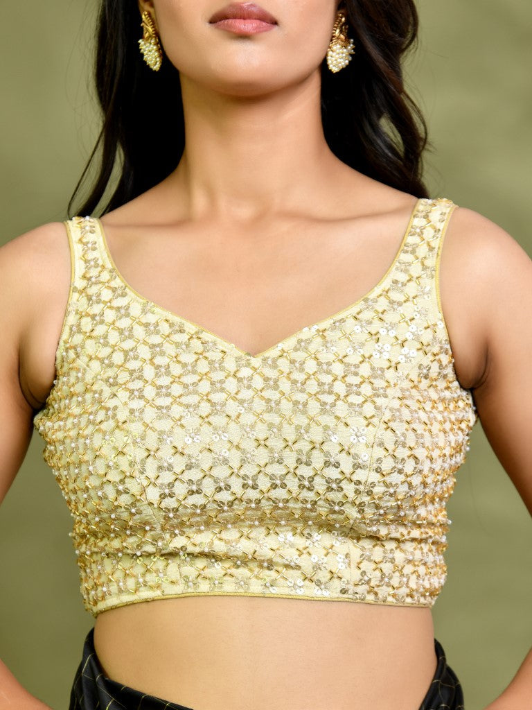 Amodini Designer Studio Golden Pearl Cutdana Sleeveless Padded Blouse | Grocsy