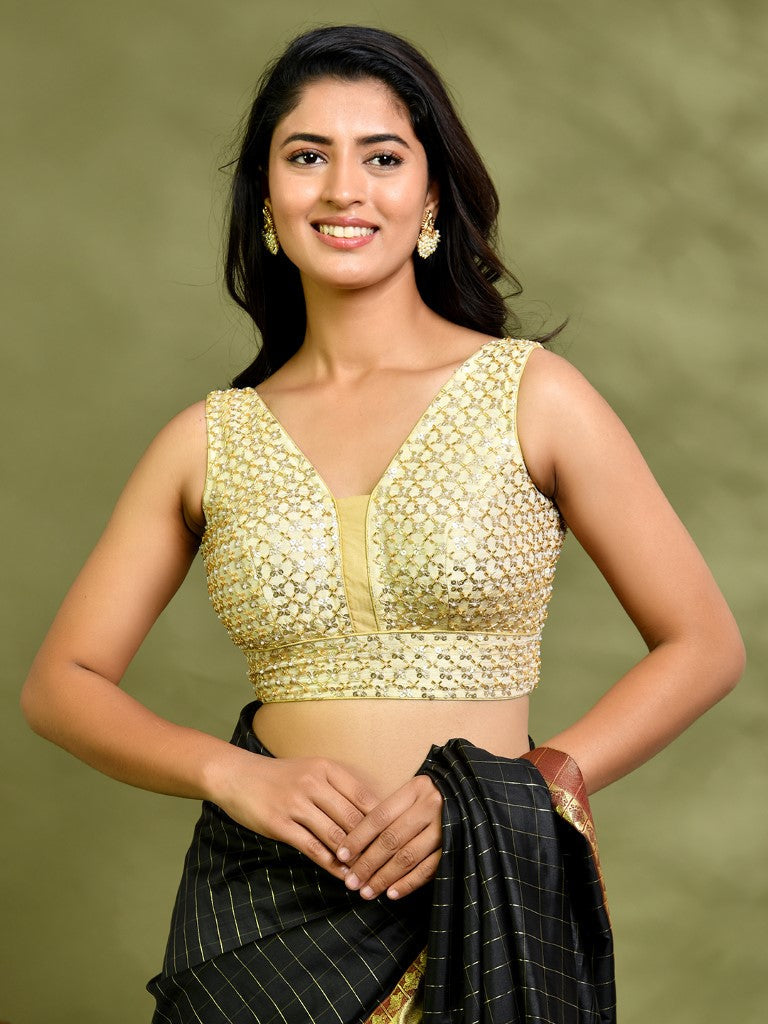 Amodini Designer Studio Golden Pearl Cutdana Sleeveless Padded Blouse | Grocsy