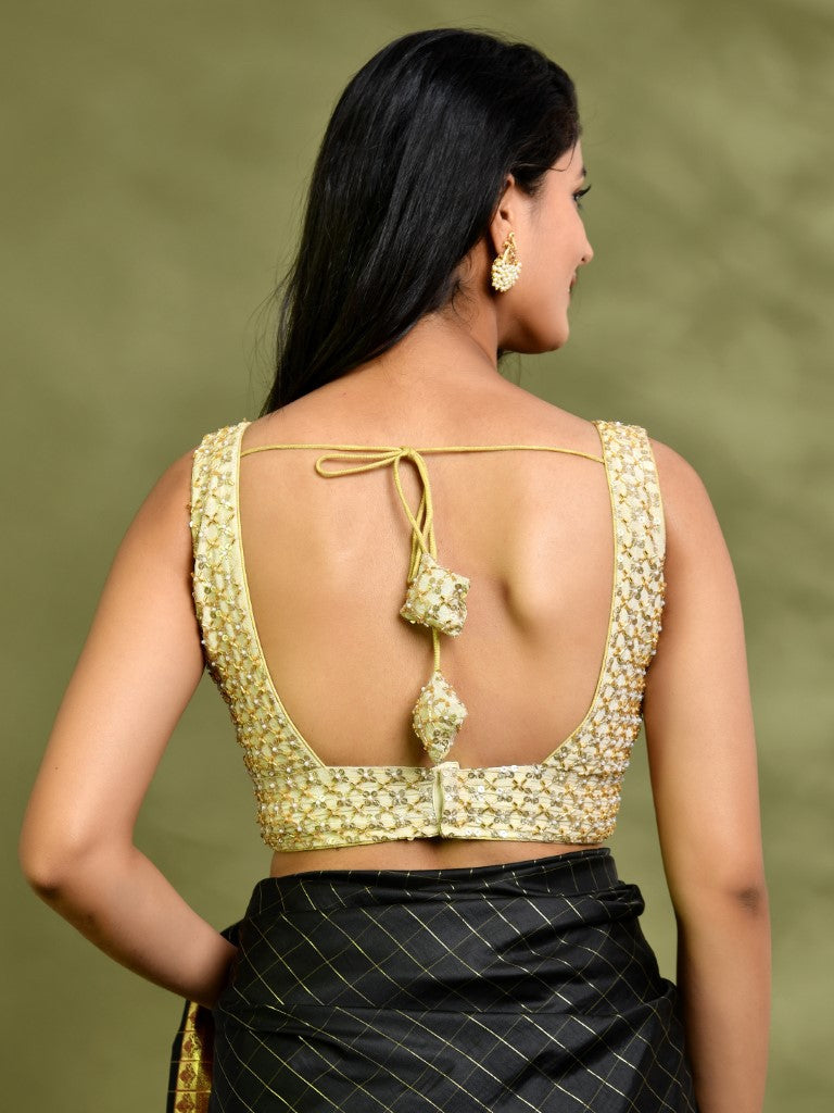 Amodini Designer Studio Golden Pearl Cutdana Sleeveless Padded Blouse | Grocsy