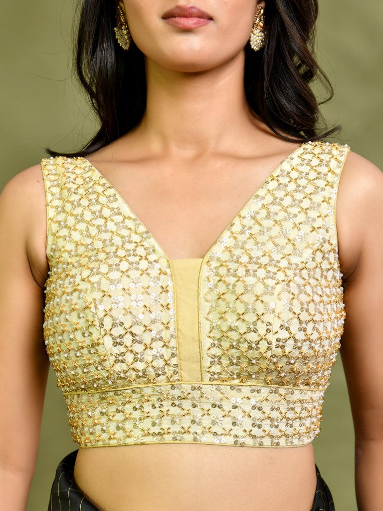 Amodini Designer Studio Golden Pearl Cutdana Sleeveless Padded Blouse | Grocsy
