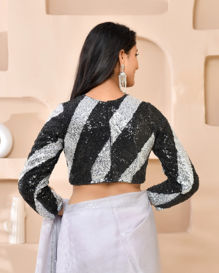 Amodini Designer Studio Silver & Black Cutdana Sequined Padded Blouse | Grocsy