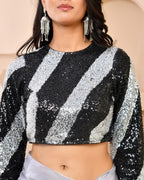 Amodini Designer Studio Silver & Black Cutdana Sequined Padded Blouse | Grocsy