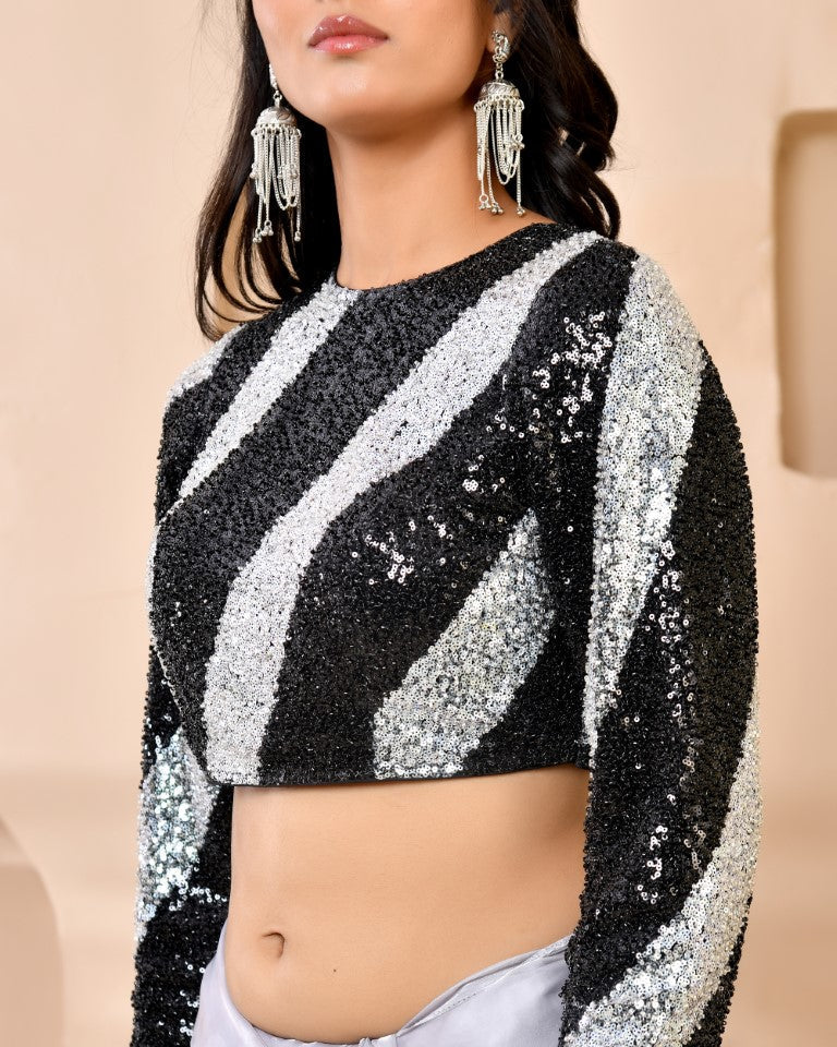 Amodini Designer Studio Silver & Black Cutdana Sequined Padded Blouse | Grocsy