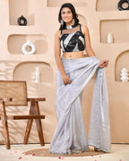 Amodini Designer Studio Silver & Black Cutdana Sequined Band Collar Sleeveless Padded Blouse | Grocsy