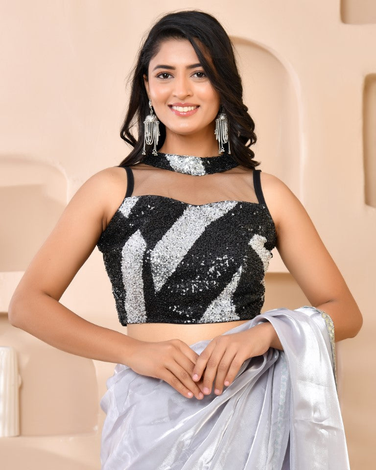 Amodini Designer Studio Silver & Black Cutdana Sequined Band Collar Sleeveless Padded Blouse | Grocsy