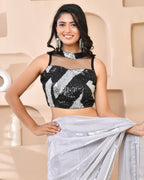 Amodini Designer Studio Silver & Black Cutdana Sequined Band Collar Sleeveless Padded Blouse | Grocsy