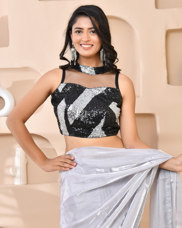 Amodini Designer Studio Silver & Black Cutdana Sequined Band Collar Sleeveless Padded Blouse | Grocsy