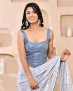 Amodini Designer Studio Sequined Denim Corset Saree Blouse | Grocsy