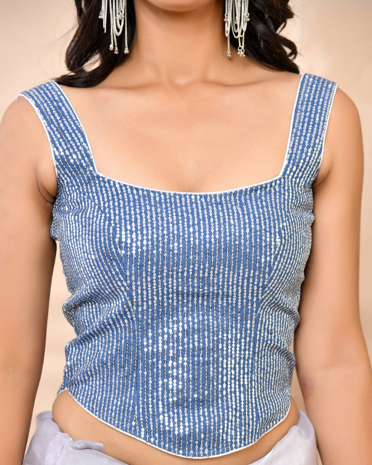 Amodini Designer Studio Sequined Denim Corset Saree Blouse | Grocsy