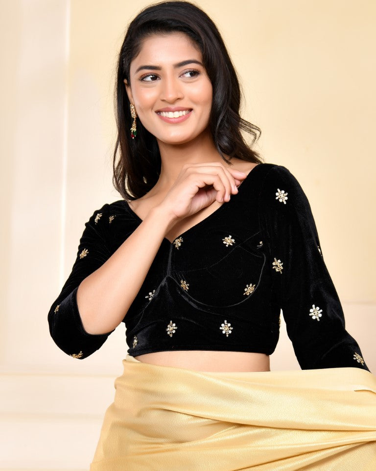 Amodini Designer Studio Black Embellished Velvet Blouse | Grocsy