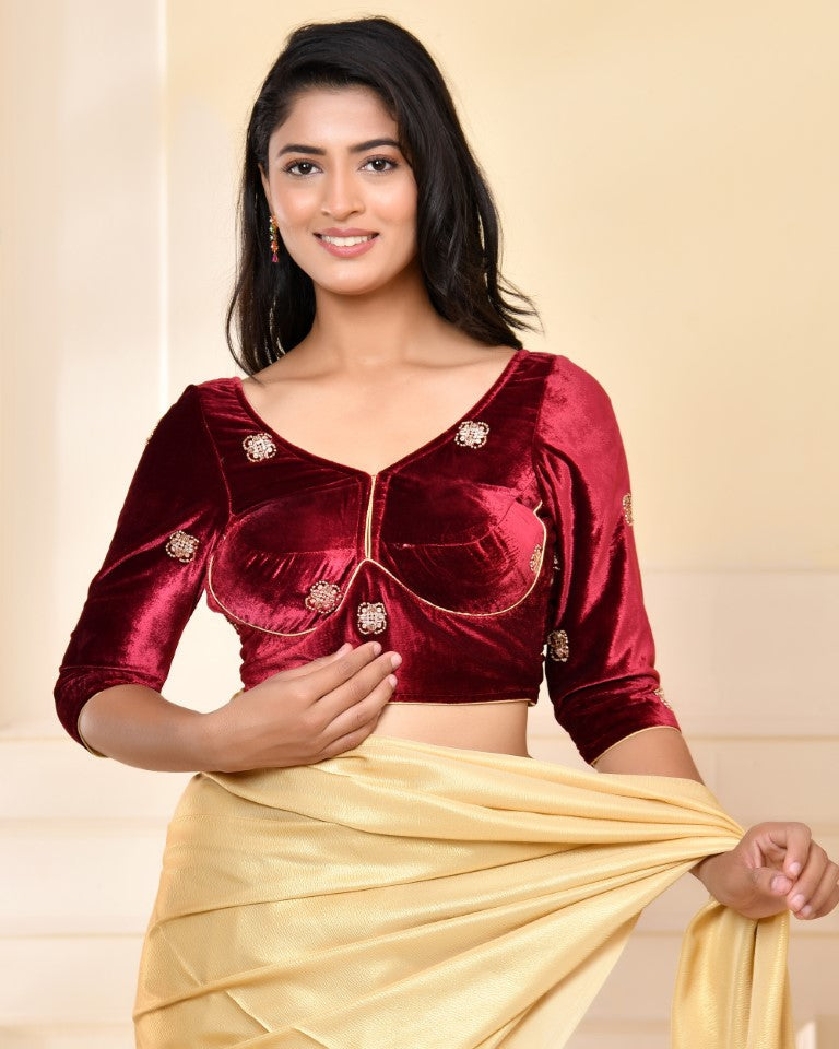 Amodini Designer Studio Marroon Embellished Velvet Blouse | Grocsy