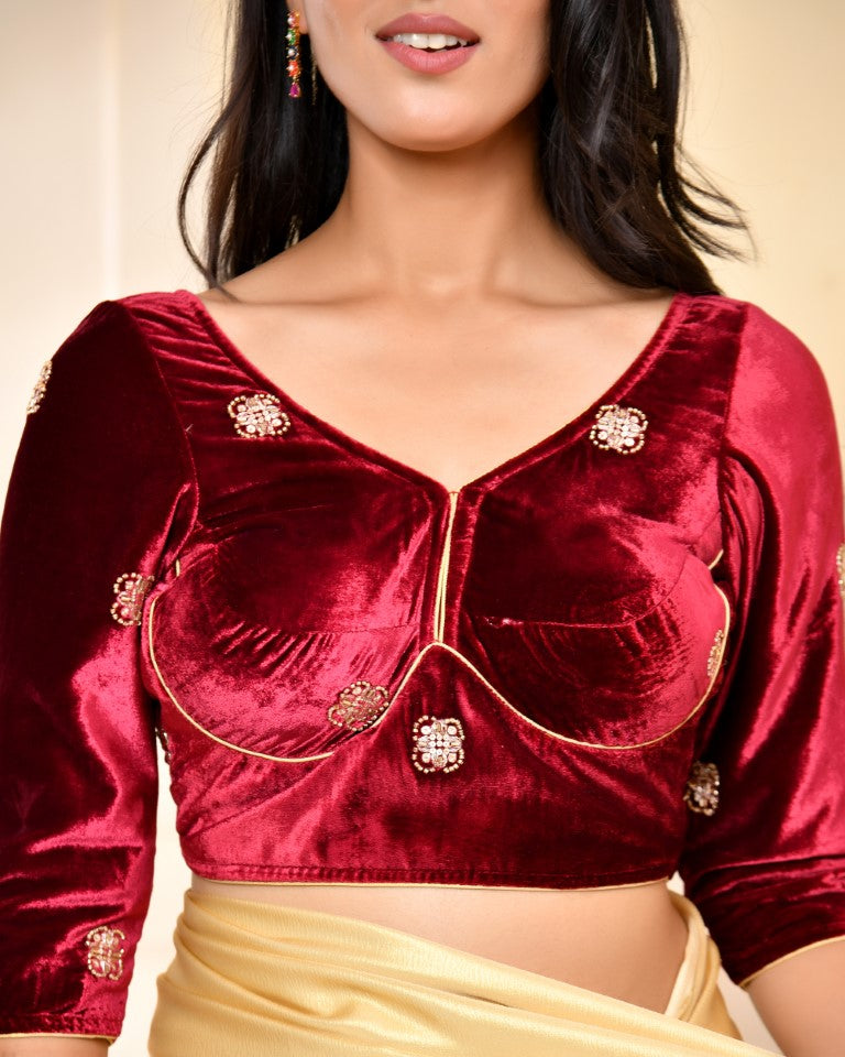 Amodini Designer Studio Marroon Embellished Velvet Blouse | Grocsy