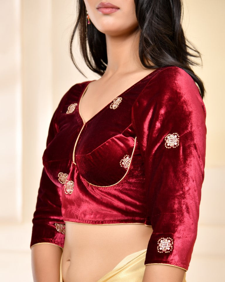 Amodini Designer Studio Marroon Embellished Velvet Blouse | Grocsy