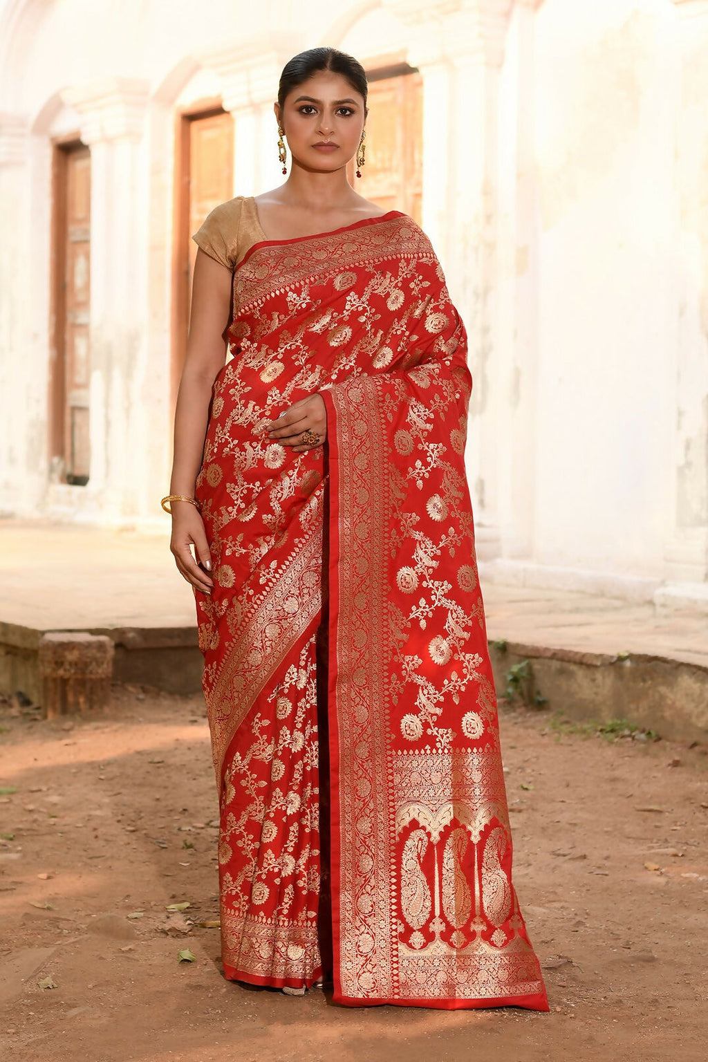 Joban Fashion Red Banarasi Soft Pure Handloom Banarasi Silk Saree | Grocsy