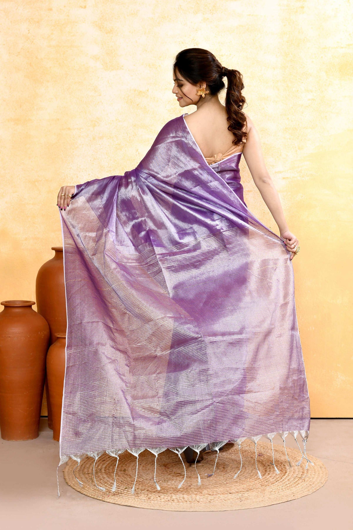 Piyari Fashion Women's Lavender Dual Tone Organic Tissue Saree With Blouse Piece | Grocsy