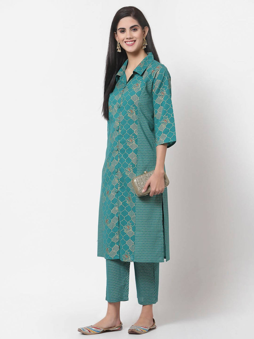 Myshka Women's Green Cotton Printed Half Sleeve Casual Kurta & Pant Set | Grocsy
