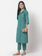 Myshka Women's Green Cotton Printed Half Sleeve Casual Kurta & Pant Set | Grocsy