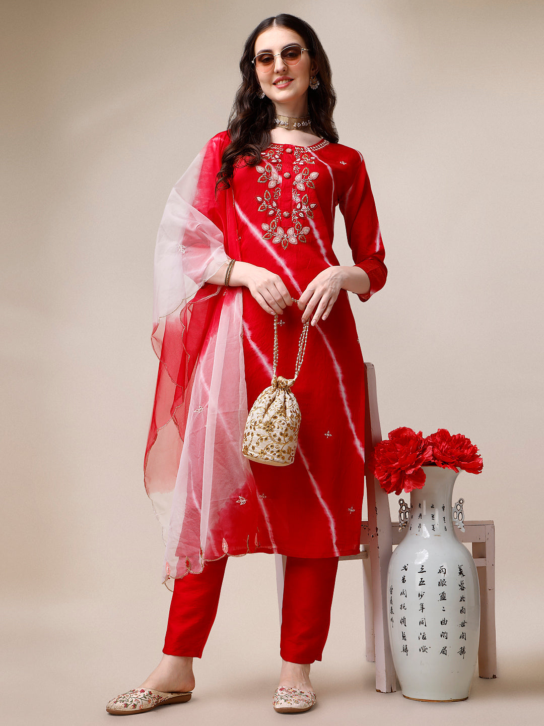 Hand Embroidered & Leheriya Printed Kurta With Pant & Dupatta, Multicolor - Hiral Fashion | Grocsy