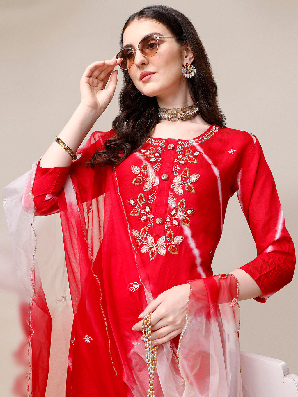 Hand Embroidered & Leheriya Printed Kurta With Pant & Dupatta, Multicolor - Hiral Fashion | Grocsy