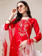 Hand Embroidered & Leheriya Printed Kurta With Pant & Dupatta, Multicolor - Hiral Fashion | Grocsy