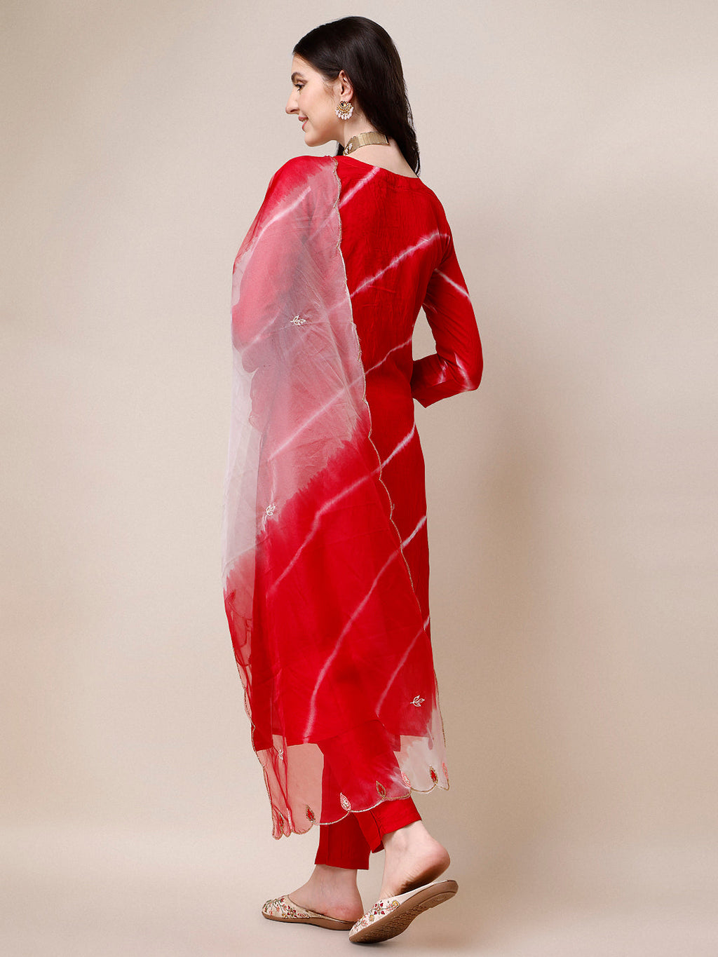 Hand Embroidered & Leheriya Printed Kurta With Pant & Dupatta, Multicolor - Hiral Fashion | Grocsy