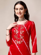 Hand Embroidered & Leheriya Printed Kurta With Pant & Dupatta, Multicolor - Hiral Fashion | Grocsy