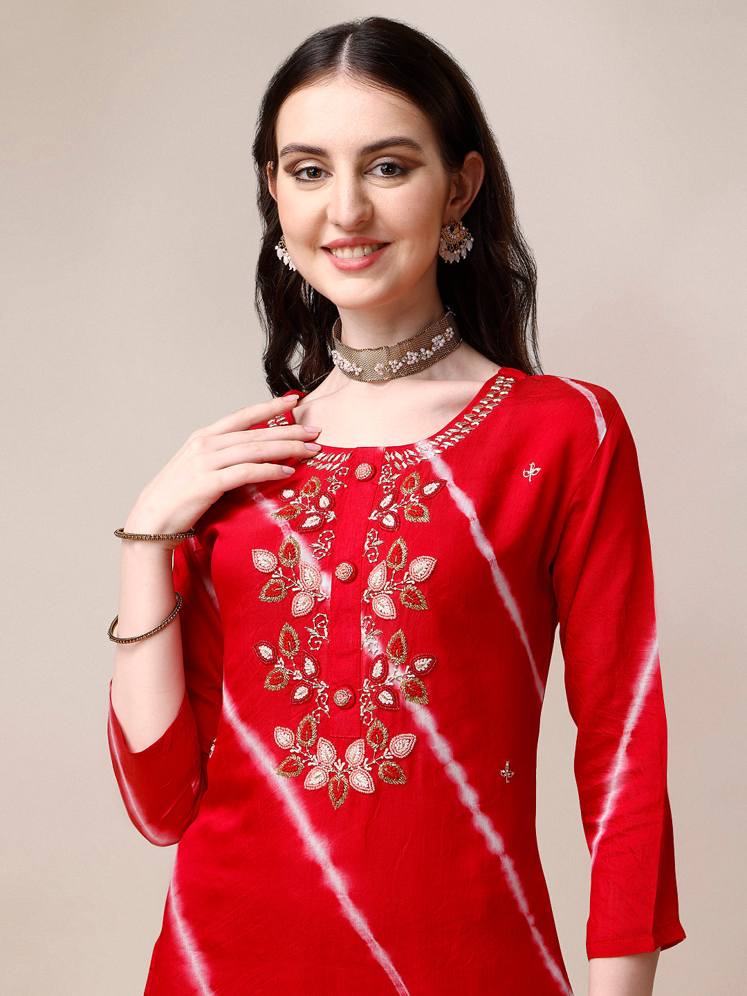 Hand Embroidered & Leheriya Printed Kurta With Pant & Dupatta, Multicolor - Hiral Fashion | Grocsy
