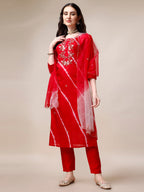Hand Embroidered & Leheriya Printed Kurta With Pant & Dupatta, Multicolor - Hiral Fashion | Grocsy