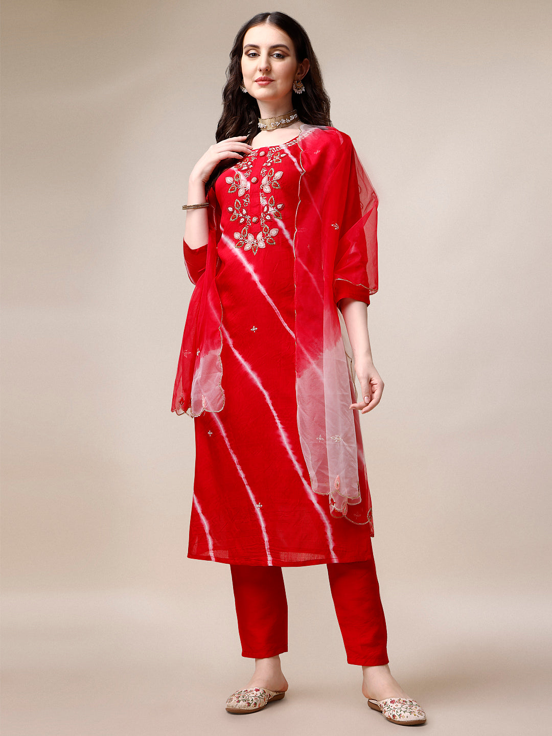 Hand Embroidered & Leheriya Printed Kurta With Pant & Dupatta, Multicolor - Hiral Fashion | Grocsy