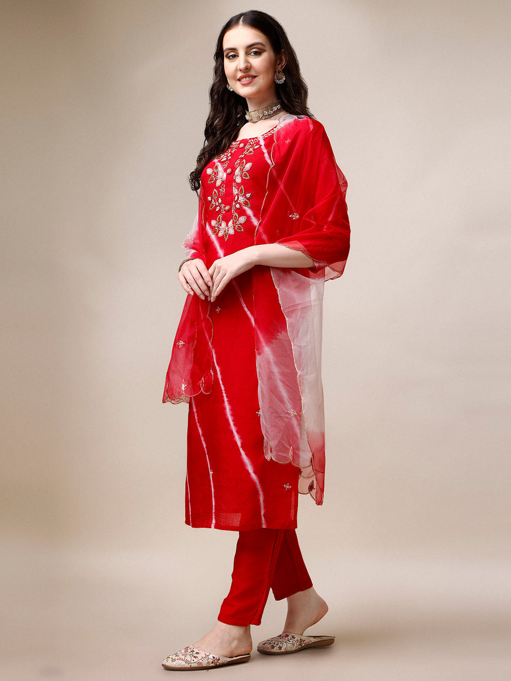 Hand Embroidered & Leheriya Printed Kurta With Pant & Dupatta, Multicolor - Hiral Fashion | Grocsy