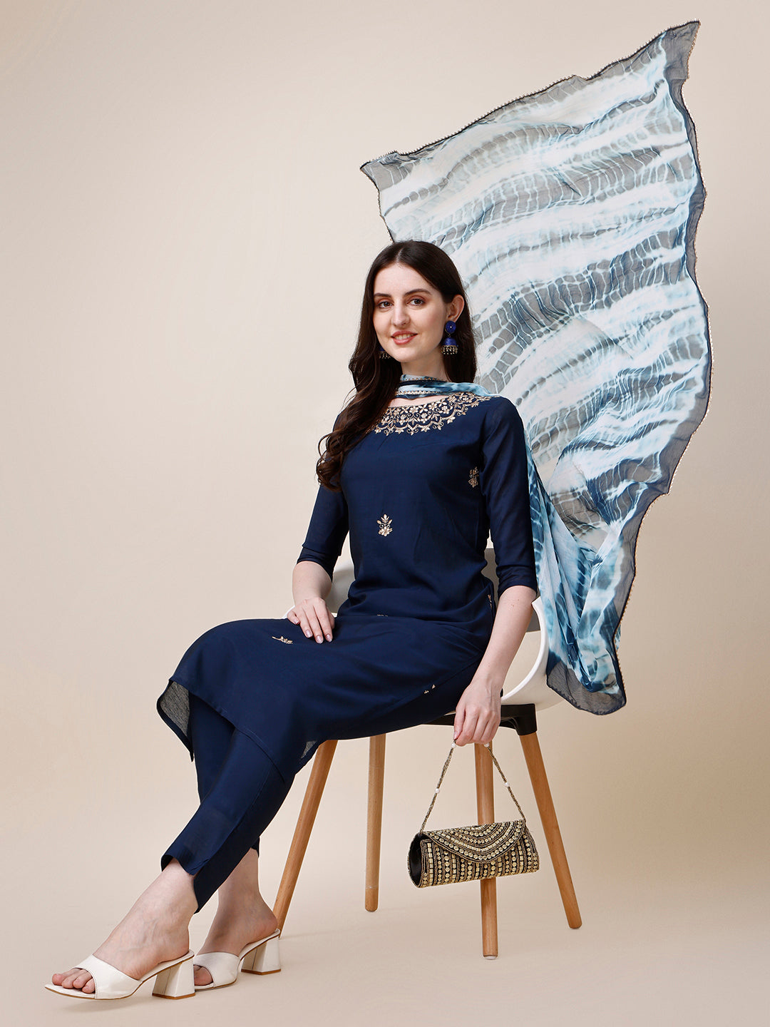 Hand Embroidered Kurta With Pant And Dupatta Set, Multicolor - Hiral Fashion | Grocsy