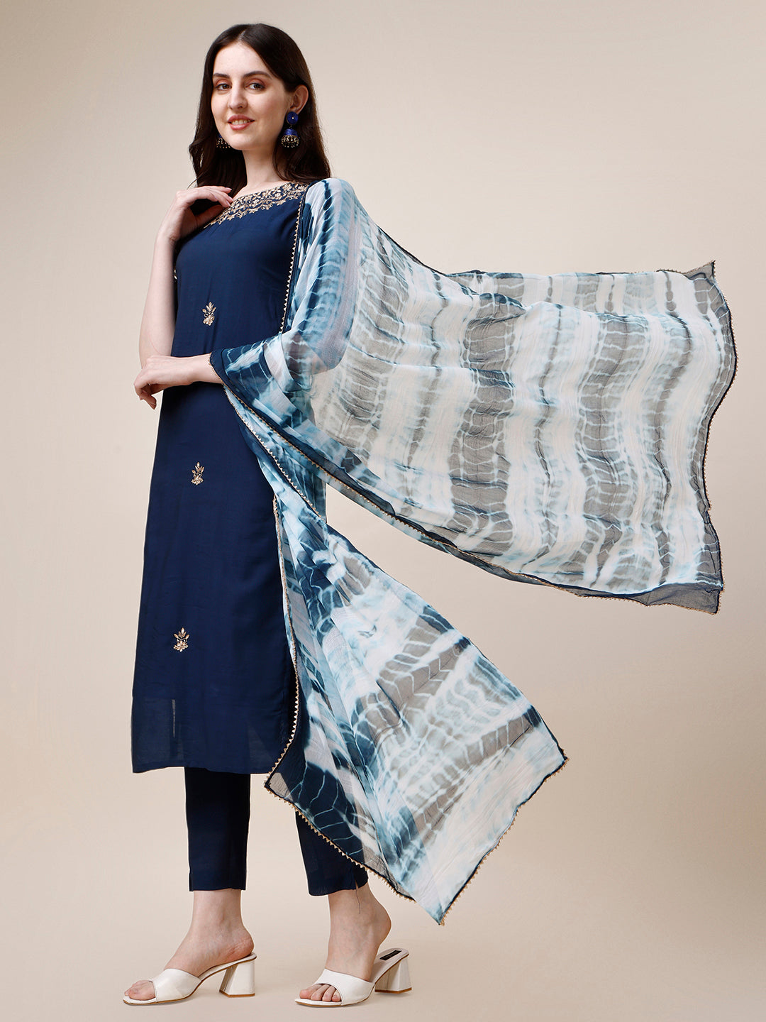 Hand Embroidered Kurta With Pant And Dupatta Set, Multicolor - Hiral Fashion | Grocsy