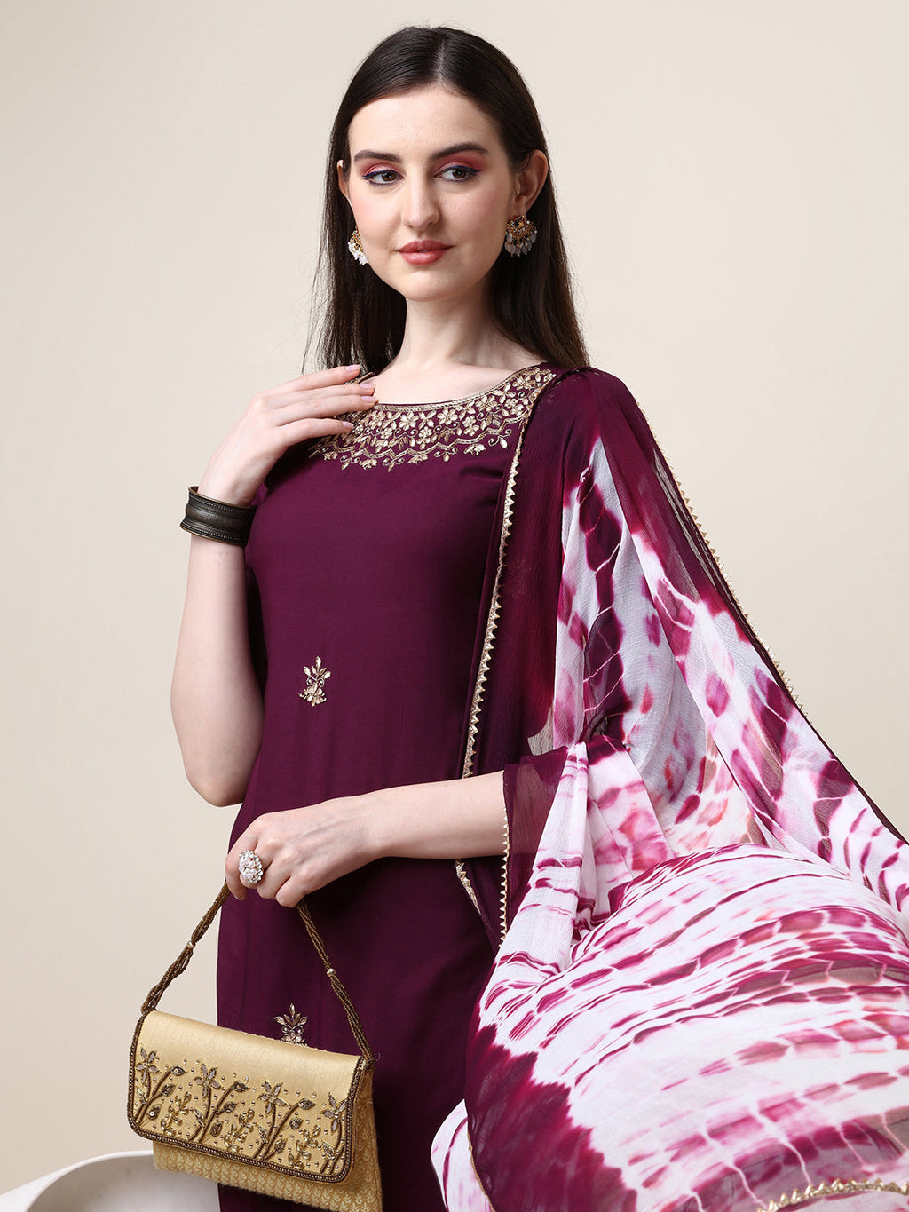 Hand Embroidered Kurta With Pant And Dupatta Set, Multicolor - Hiral Fashion | Grocsy