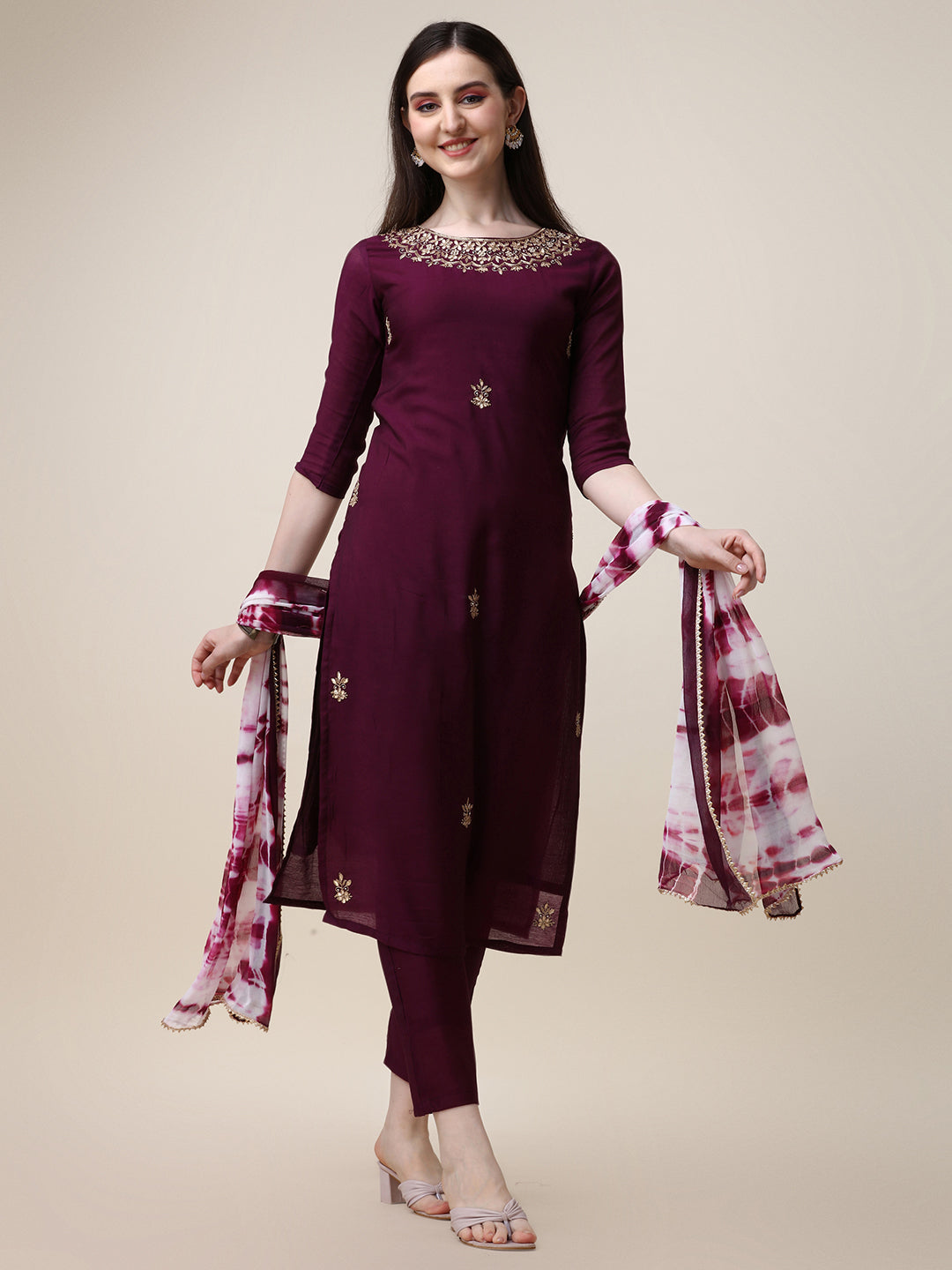 Hand Embroidered Kurta With Pant And Dupatta Set, Multicolor - Hiral Fashion | Grocsy