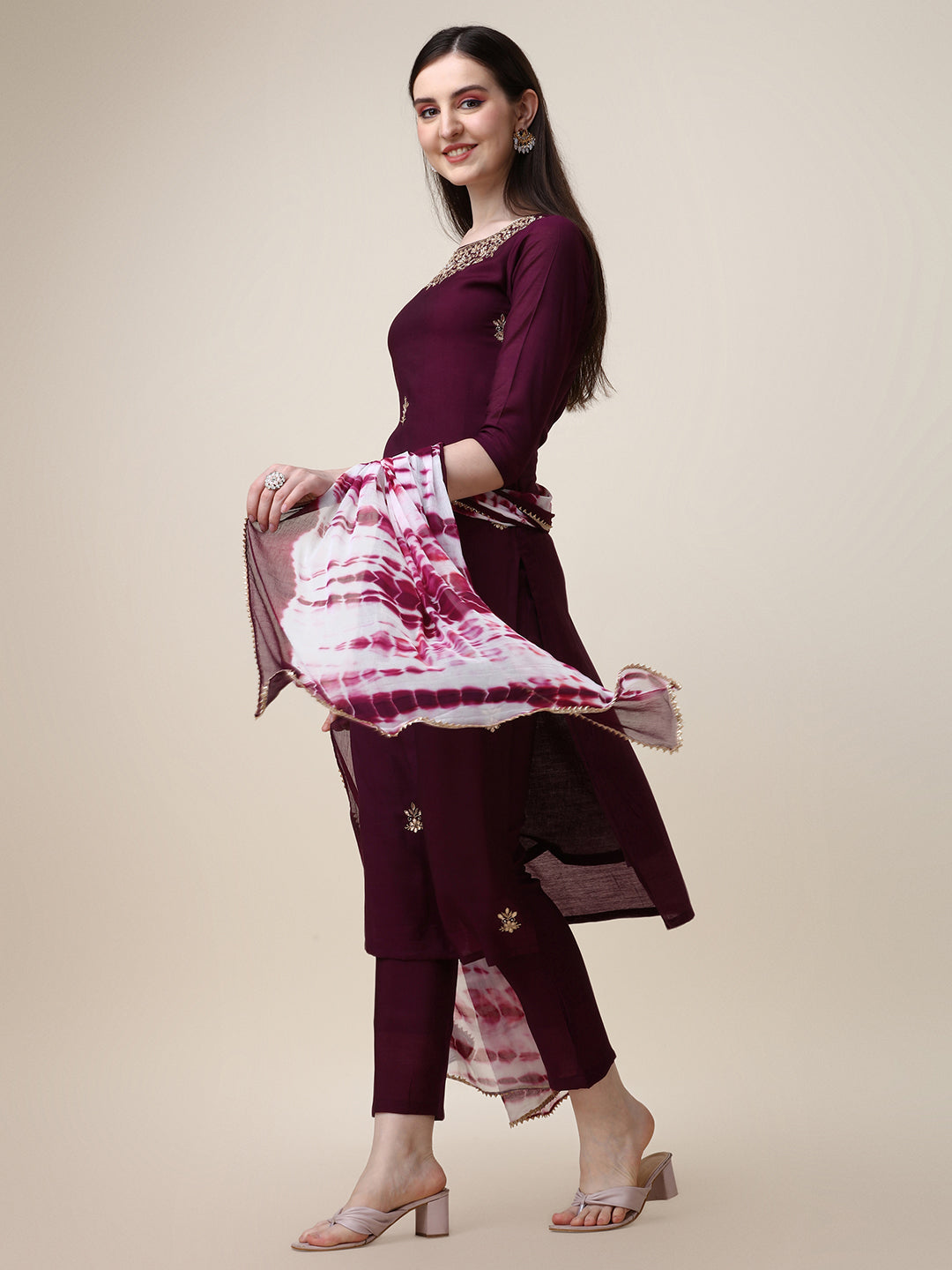 Hand Embroidered Kurta With Pant And Dupatta Set, Multicolor - Hiral Fashion | Grocsy
