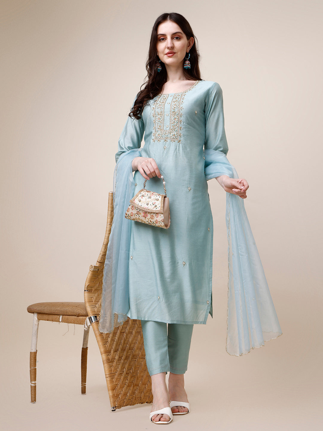 Hand Embroidered Kurta With Pant And Dupatta Set, Multicolor - Hiral Fashion | Grocsy