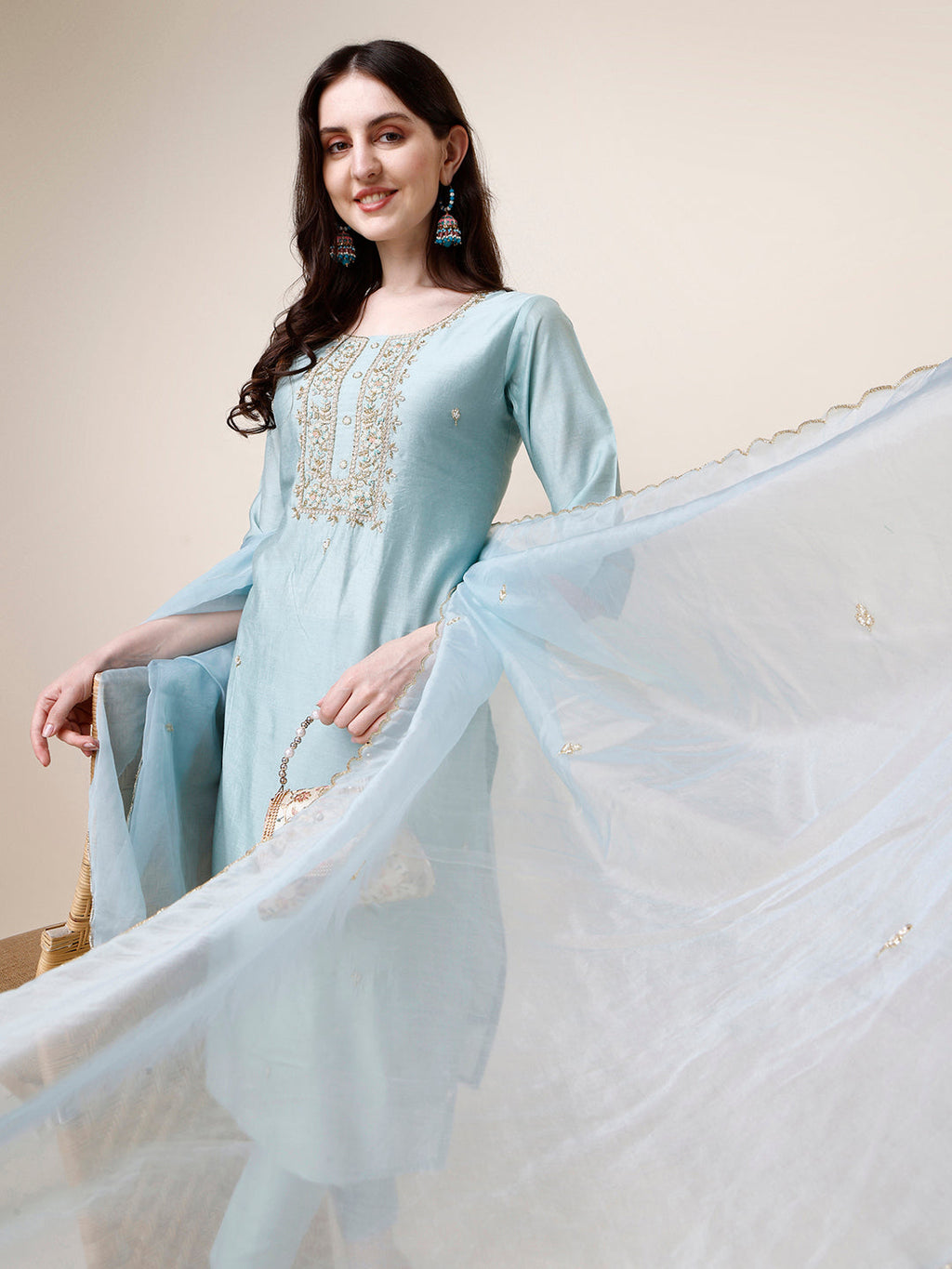 Hand Embroidered Kurta With Pant And Dupatta Set, Multicolor - Hiral Fashion | Grocsy