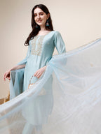 Hand Embroidered Kurta With Pant And Dupatta Set, Multicolor - Hiral Fashion | Grocsy