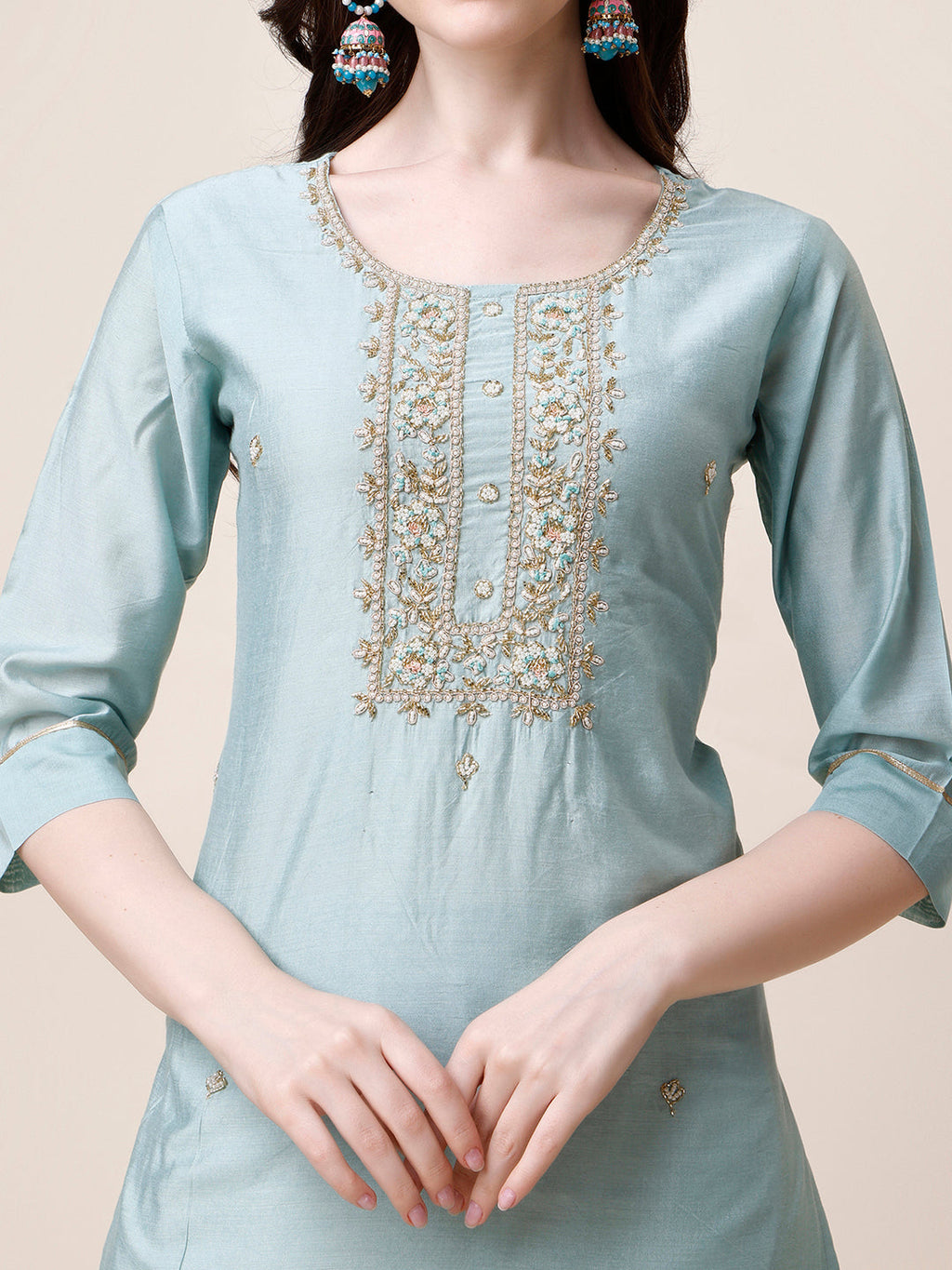 Hand Embroidered Kurta With Pant And Dupatta Set, Multicolor - Hiral Fashion | Grocsy