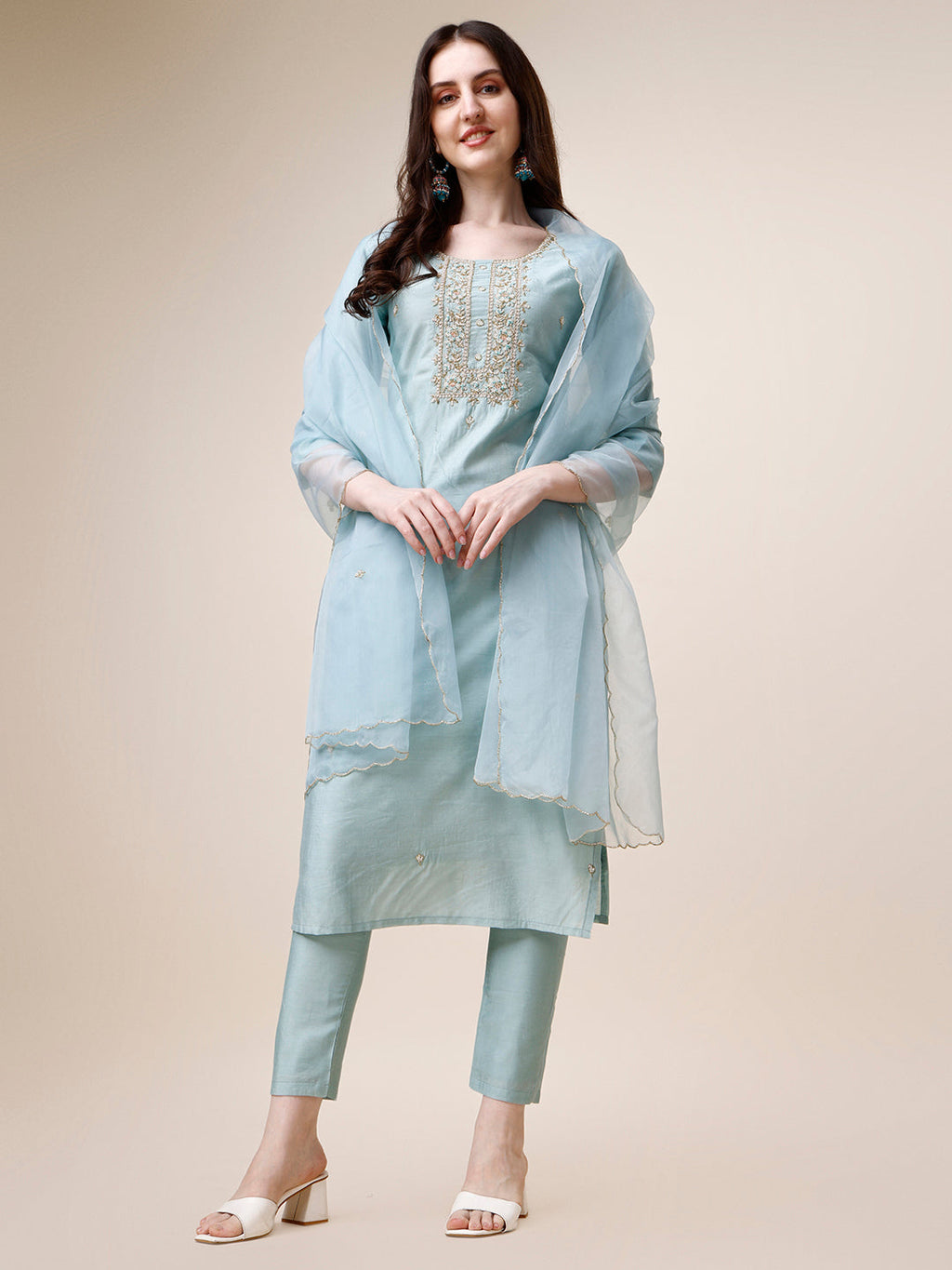 Hand Embroidered Kurta With Pant And Dupatta Set, Multicolor - Hiral Fashion | Grocsy