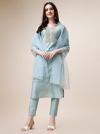 Hand Embroidered Kurta With Pant And Dupatta Set, Multicolor - Hiral Fashion | Grocsy