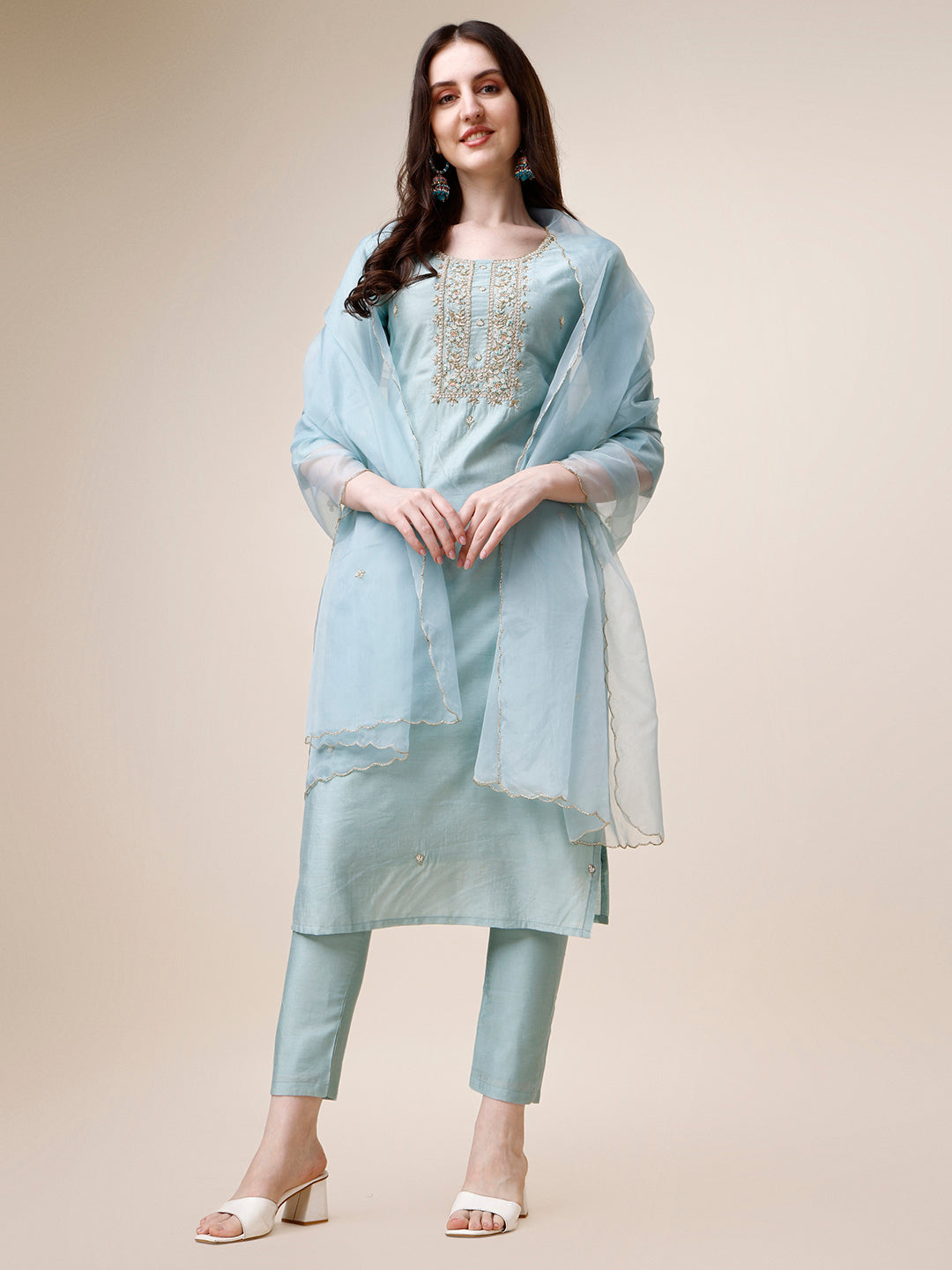 Hand Embroidered Kurta With Pant And Dupatta Set, Multicolor - Hiral Fashion | Grocsy