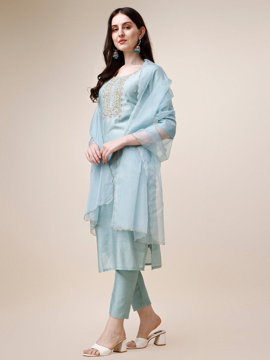 Hand Embroidered Kurta With Pant And Dupatta Set, Multicolor - Hiral Fashion | Grocsy