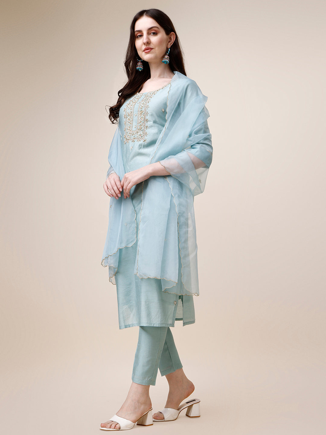 Hand Embroidered Kurta With Pant And Dupatta Set, Multicolor - Hiral Fashion | Grocsy