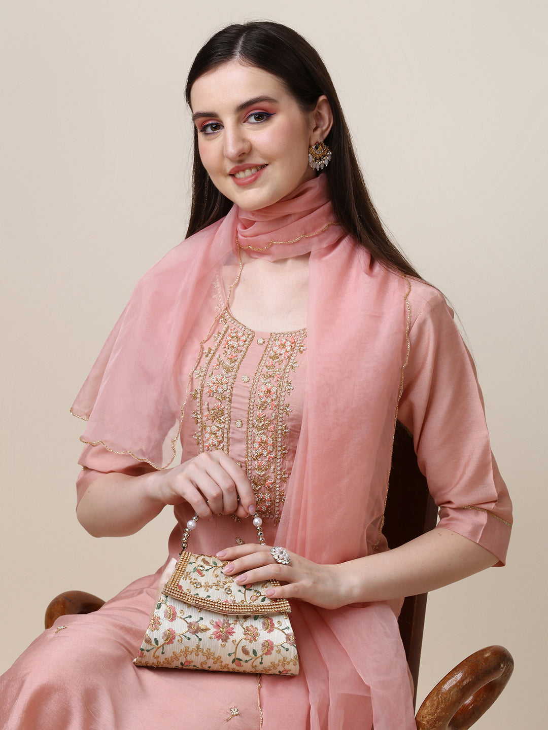 Hand Embroidered Kurta With Pant And Dupatta Set, Multicolor - Hiral Fashion | Grocsy