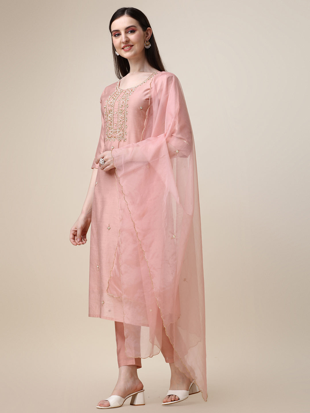 Hand Embroidered Kurta With Pant And Dupatta Set, Multicolor - Hiral Fashion | Grocsy