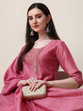 Embroidered Pink Kurta With Pant And Dupatta Set, Multicolor - Hiral Fashion | Grocsy