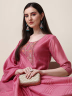 Embroidered Pink Kurta With Pant And Dupatta Set, Multicolor - Hiral Fashion | Grocsy